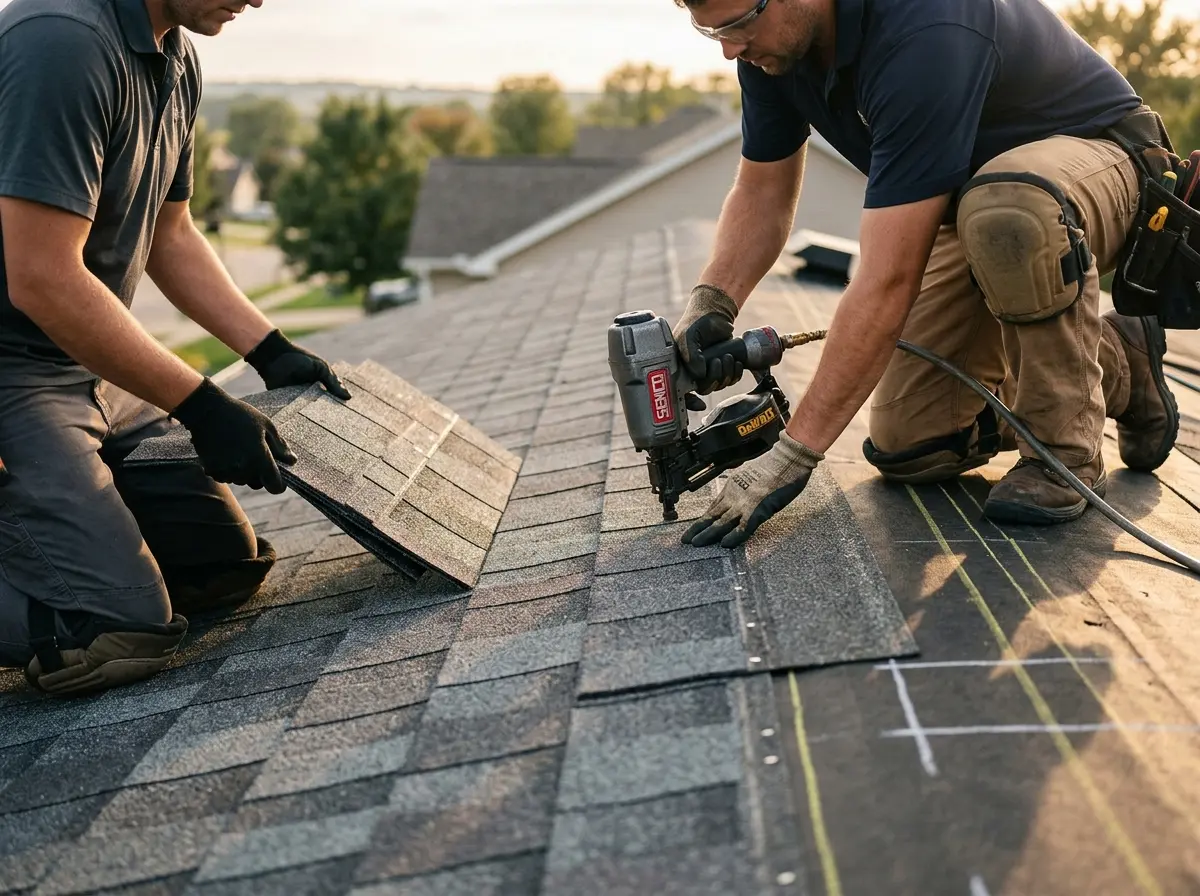 Professional roofer working on a residential roof in Darien